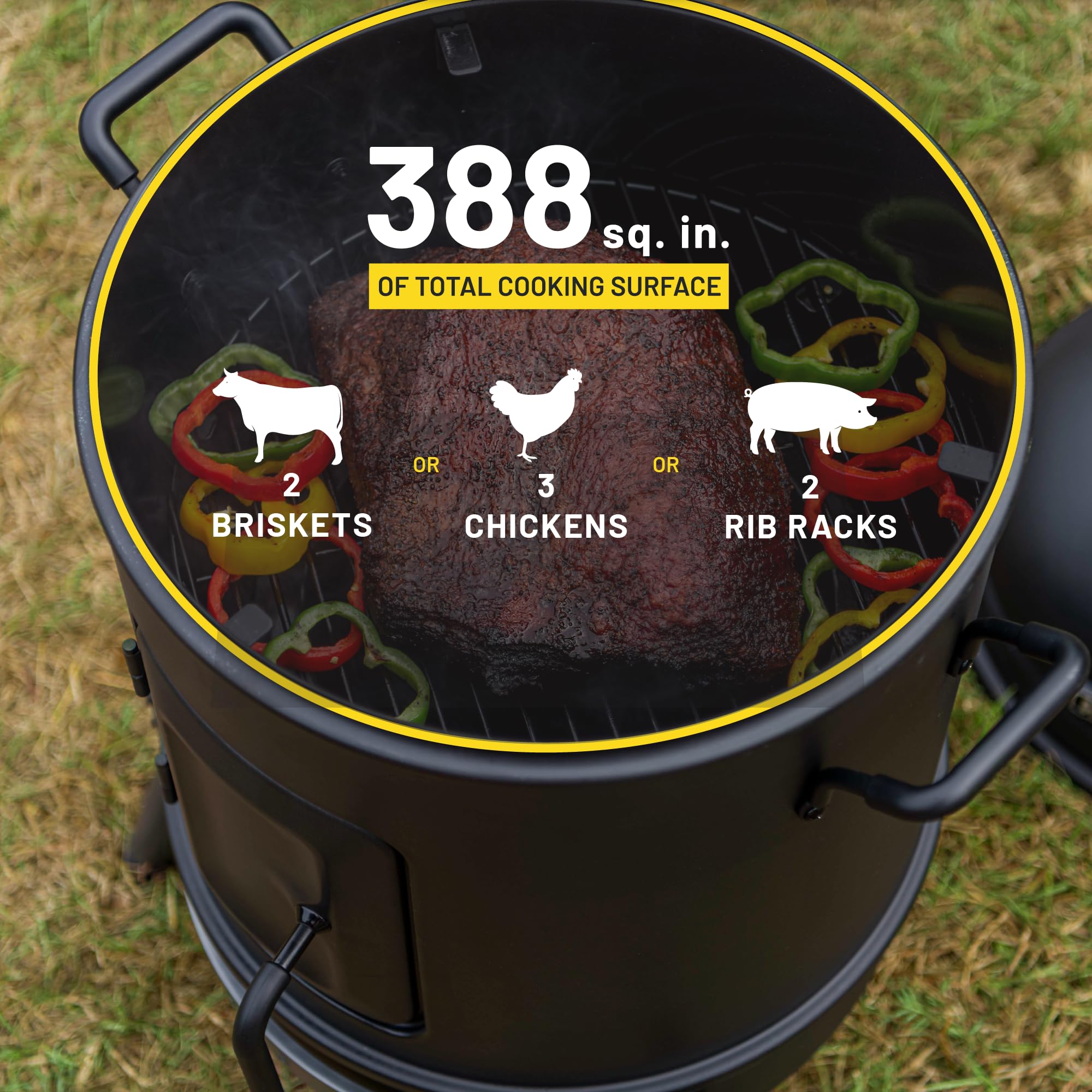 Char-Broil interior with cooking grates and water pan installed for versatile smoking