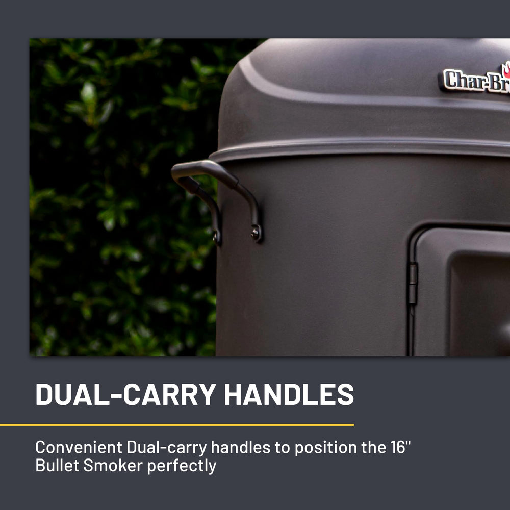 Char-Broil smoker in backyard lifestyle scene illustrating compact size and entertaining
