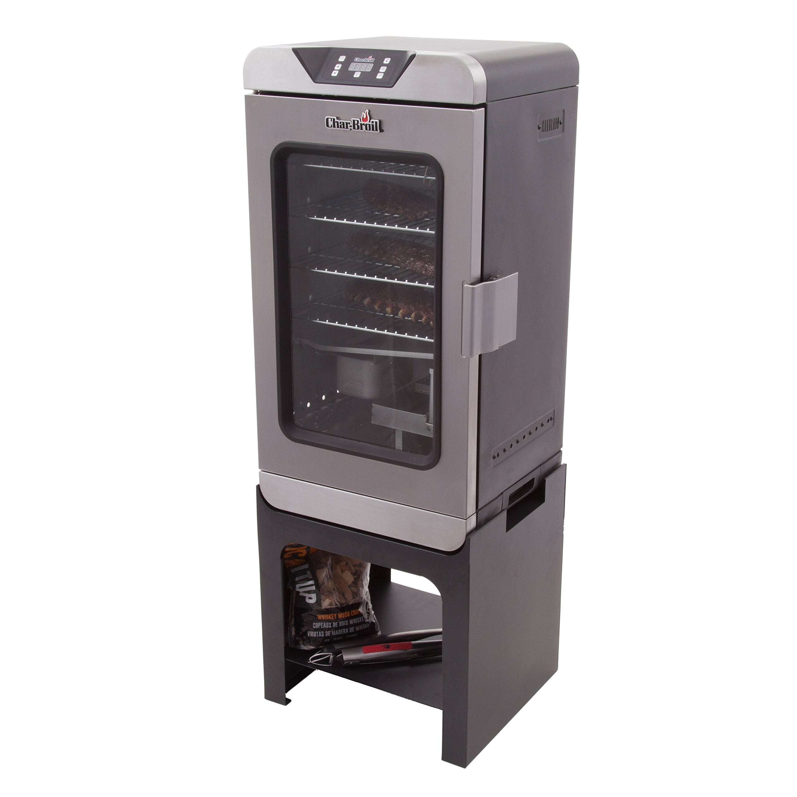 Char-Broil side view with smoker mounted showing secure fit and stability