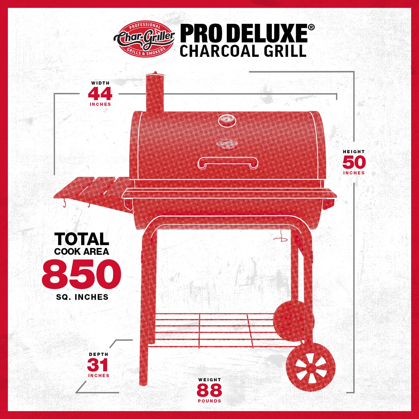Bottom storage rack and utility hooks on Char-Griller keeping tools and fuel tidy