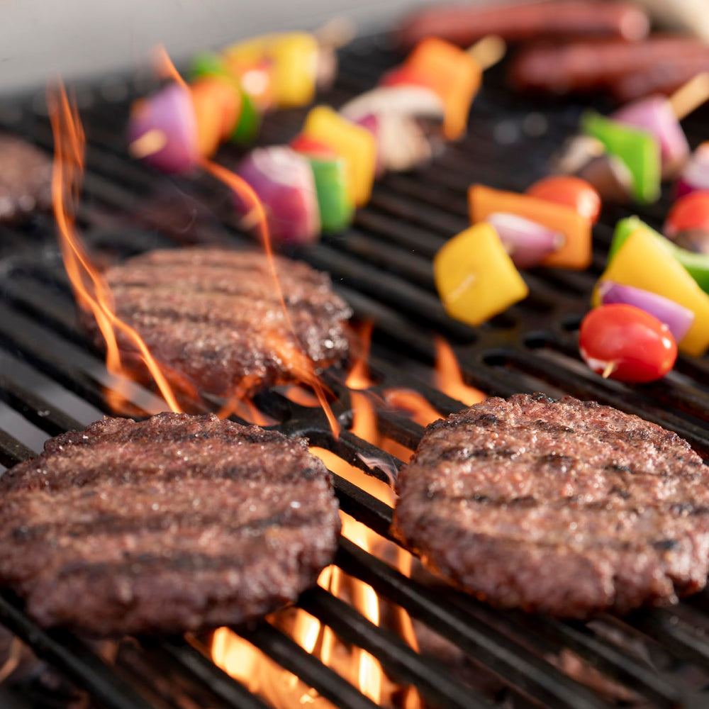 Close-up of Char-Griller cast-iron grates highlighting durable heat retention and sear marks