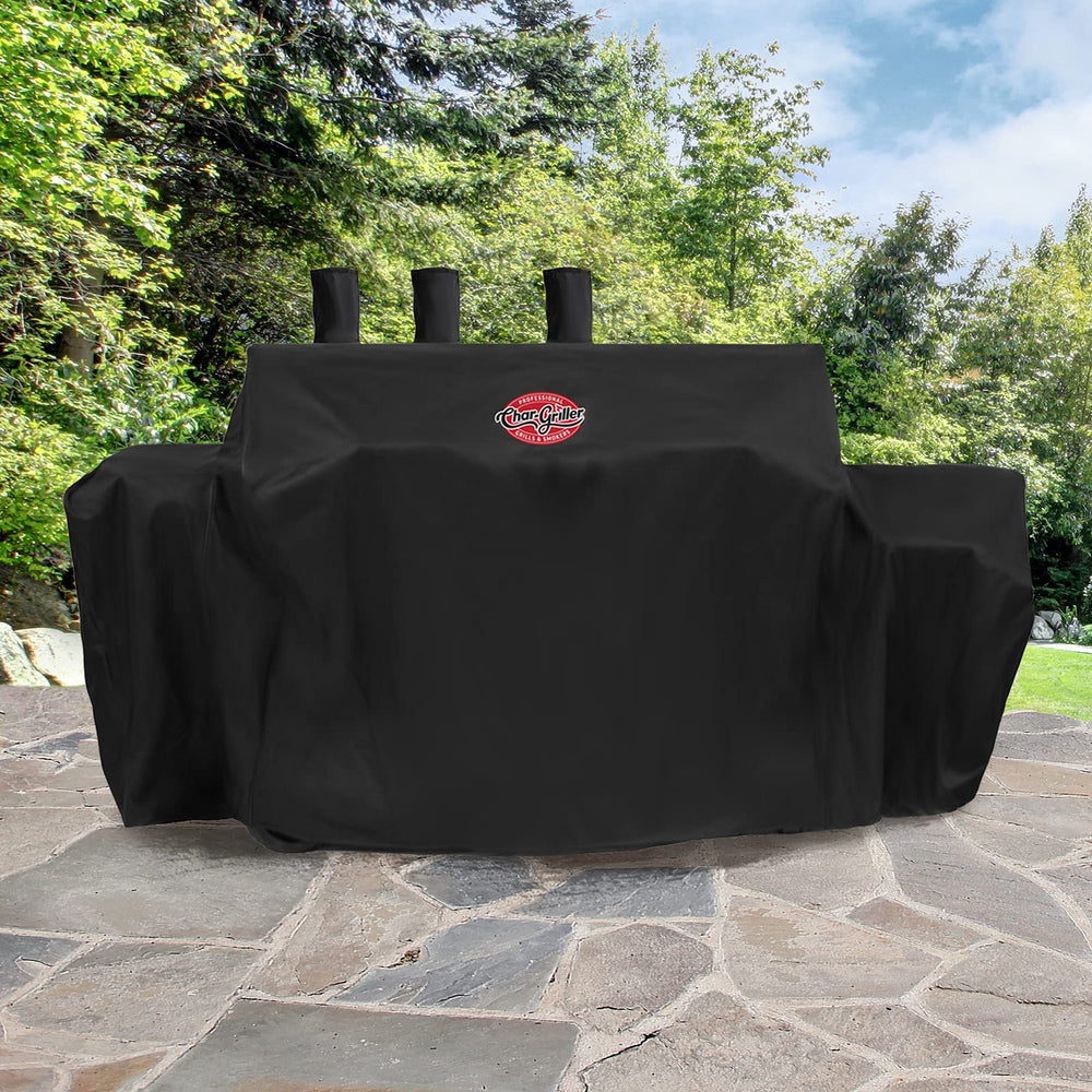 Char-Griller covered grill in backyard protecting from elements during storage