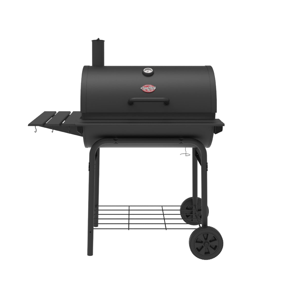 Char-Griller Pro Deluxe front view showing robust barrel design and shelves for versatile cooking
