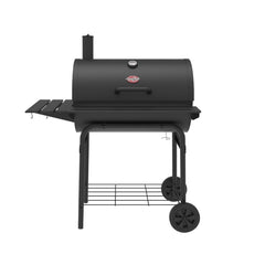 Char-Griller Pro Deluxe front view showing robust barrel design and shelves for versatile cooking