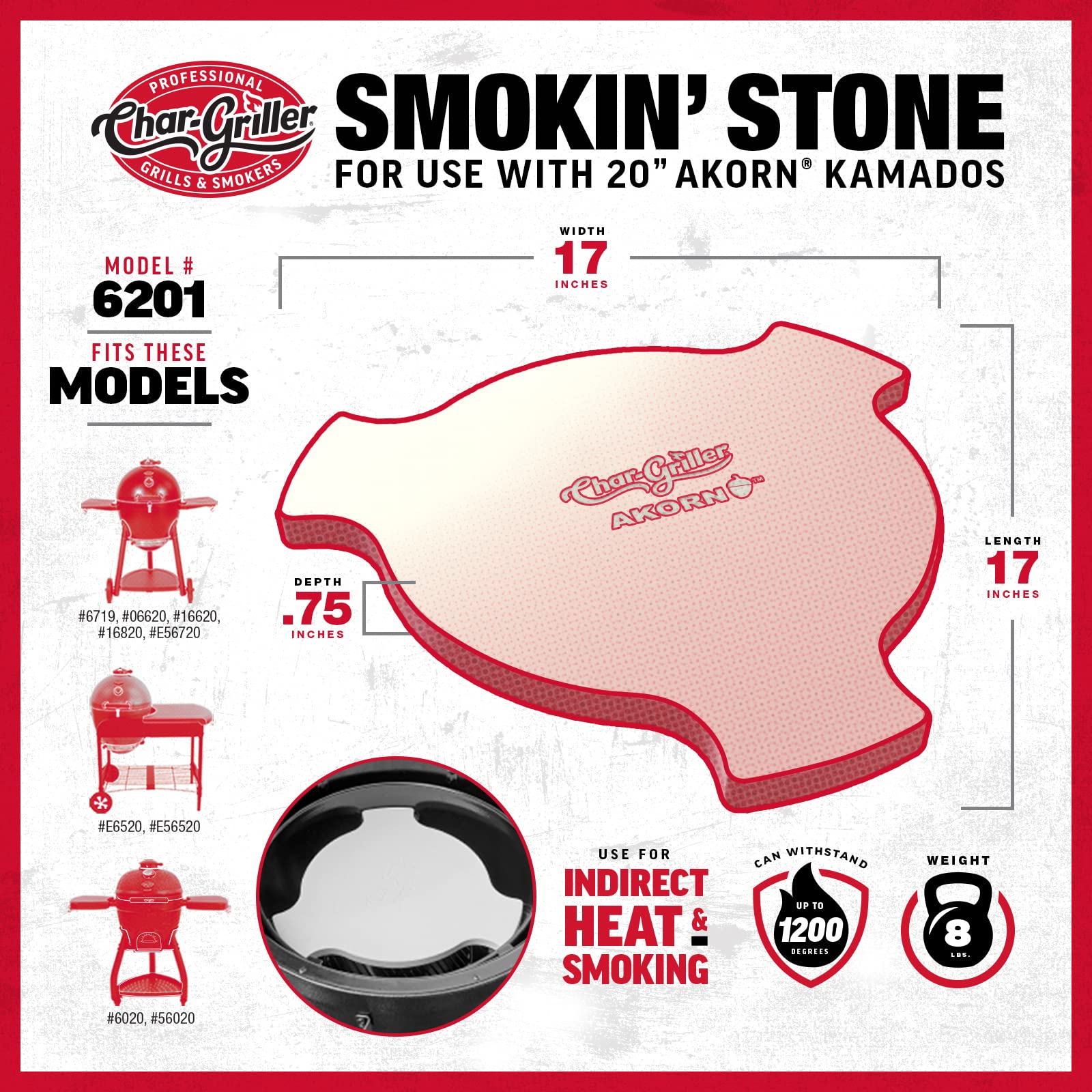 Char-Griller Smokin' Stone label showing compatible AKORN models and easy installation benefit