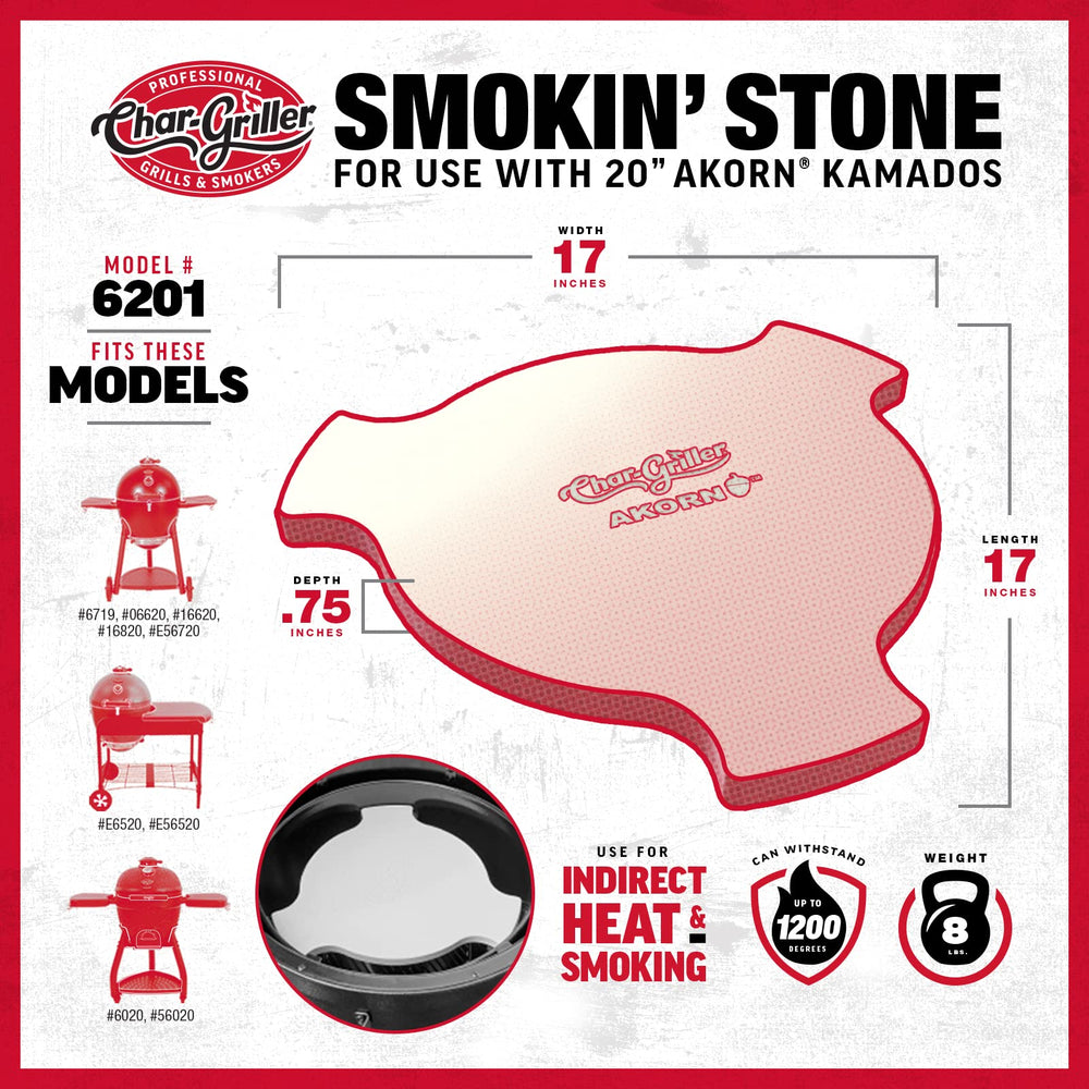 Char-Griller Smokin' Stone label showing compatible AKORN models and easy installation benefit