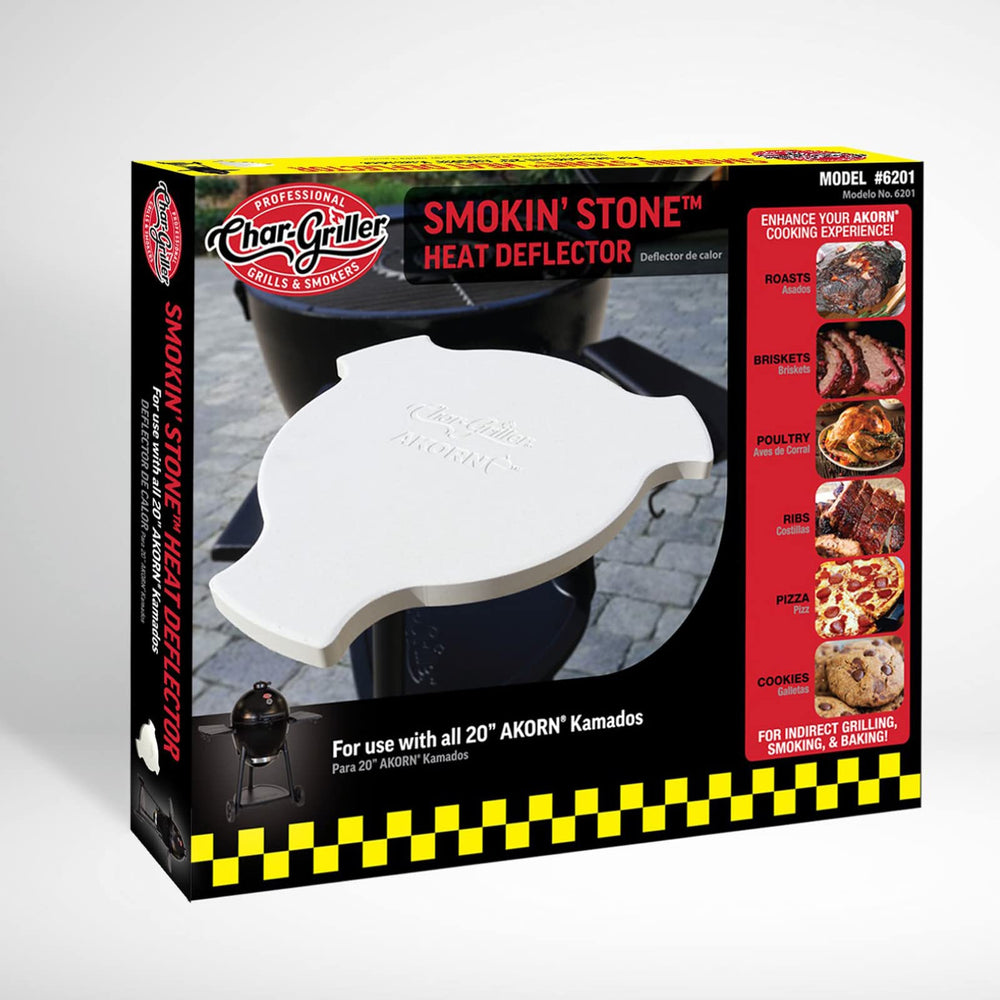 Char-Griller Smokin' Stone beside grill grate showing 15x15 size and fit benefit
