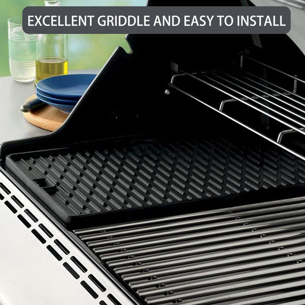 Reversible sides of Charbrofire 7404 showing flat and textured cooking faces for versatility