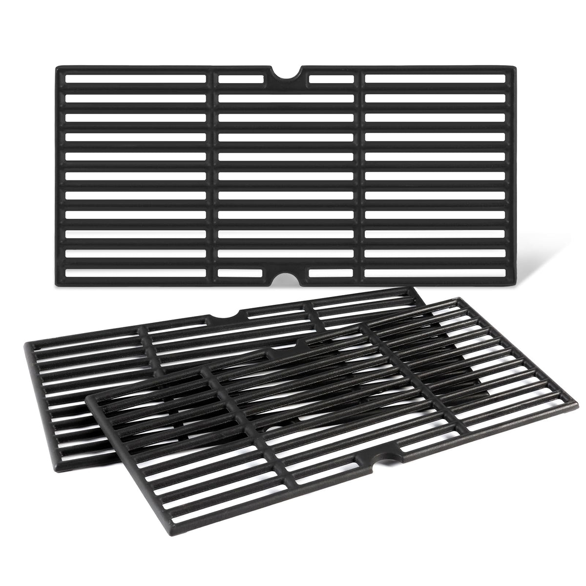 Charbrofire front view of three matte enamel cast-iron grates showing fit and finish, durable replacement
