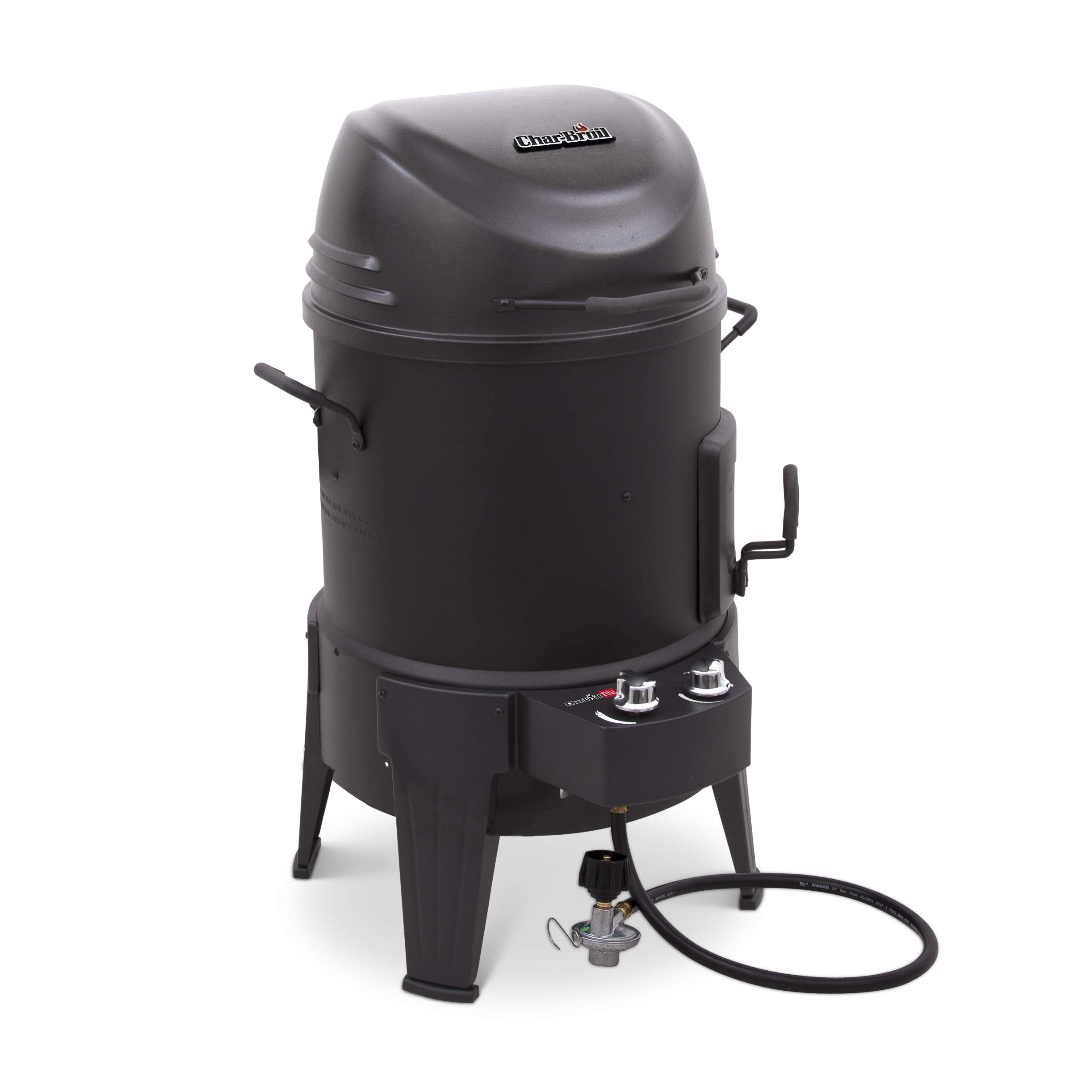 Charbroil Big Easy front view showing compact 3-in-1 cooker and benefits