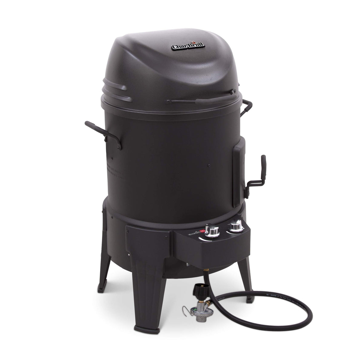 Charbroil Big Easy front view showing compact 3-in-1 cooker and benefits