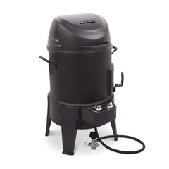 Charbroil Big Easy front view showing compact 3-in-1 cooker and benefits