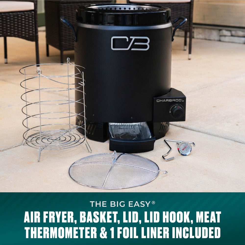 Charbroil Big Easy rotisserie saddle and rack showing secure meat placement