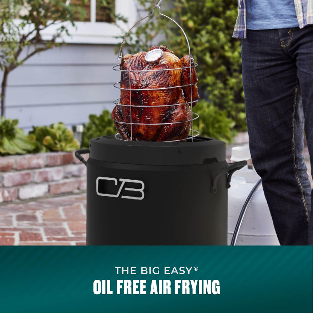Charbroil Big Easy side handle close-up showing sturdy lifting and portability