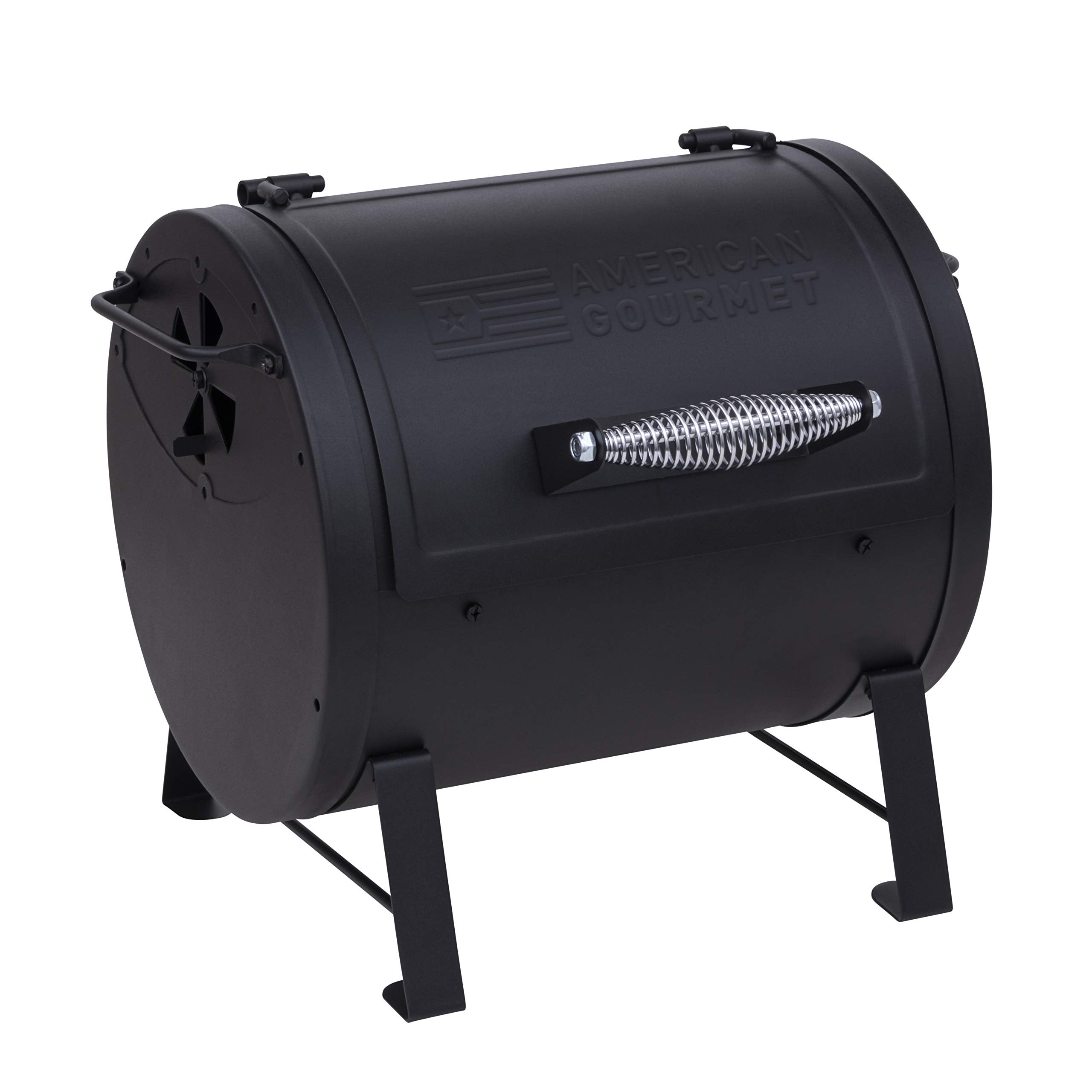 Charbroil front view showing compact barrel grill and handles for easy transport