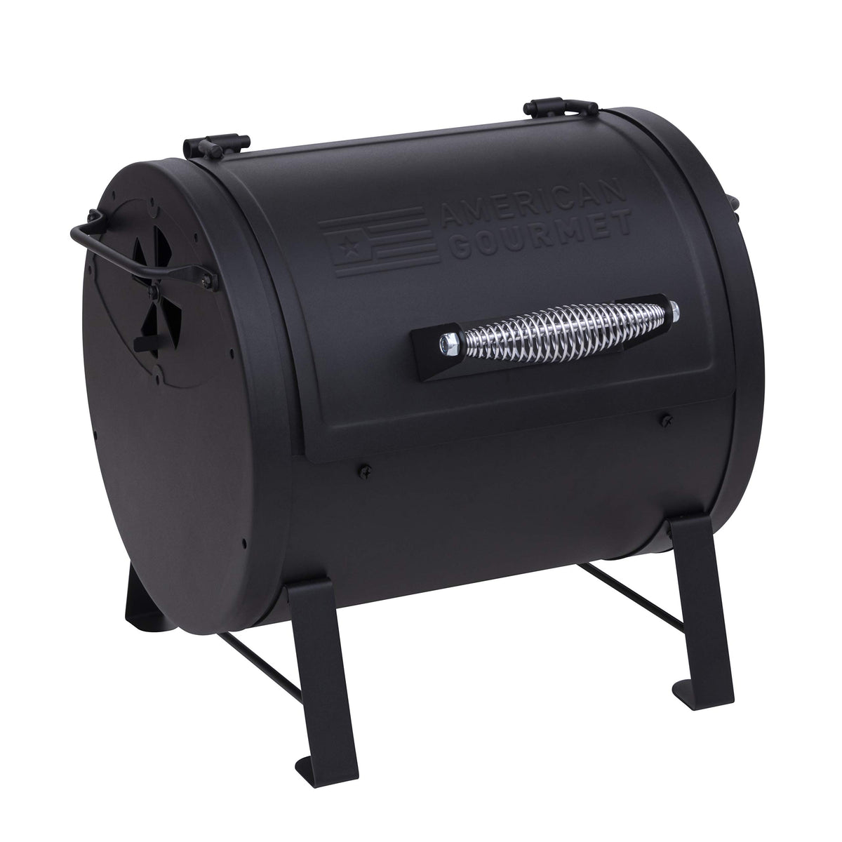 Charbroil front view showing compact barrel grill and handles for easy transport