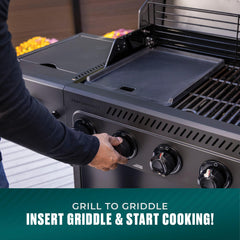 Charbroil griddle cooking pancakes and bacon showing quick breakfast benefit