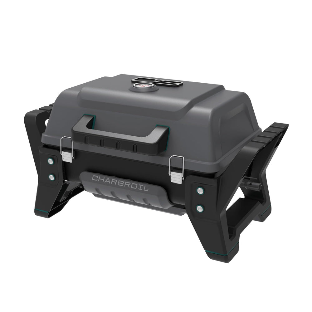 Charbroil Grill2Go X200 front view showing compact dark grey lid and logo, portable convenience