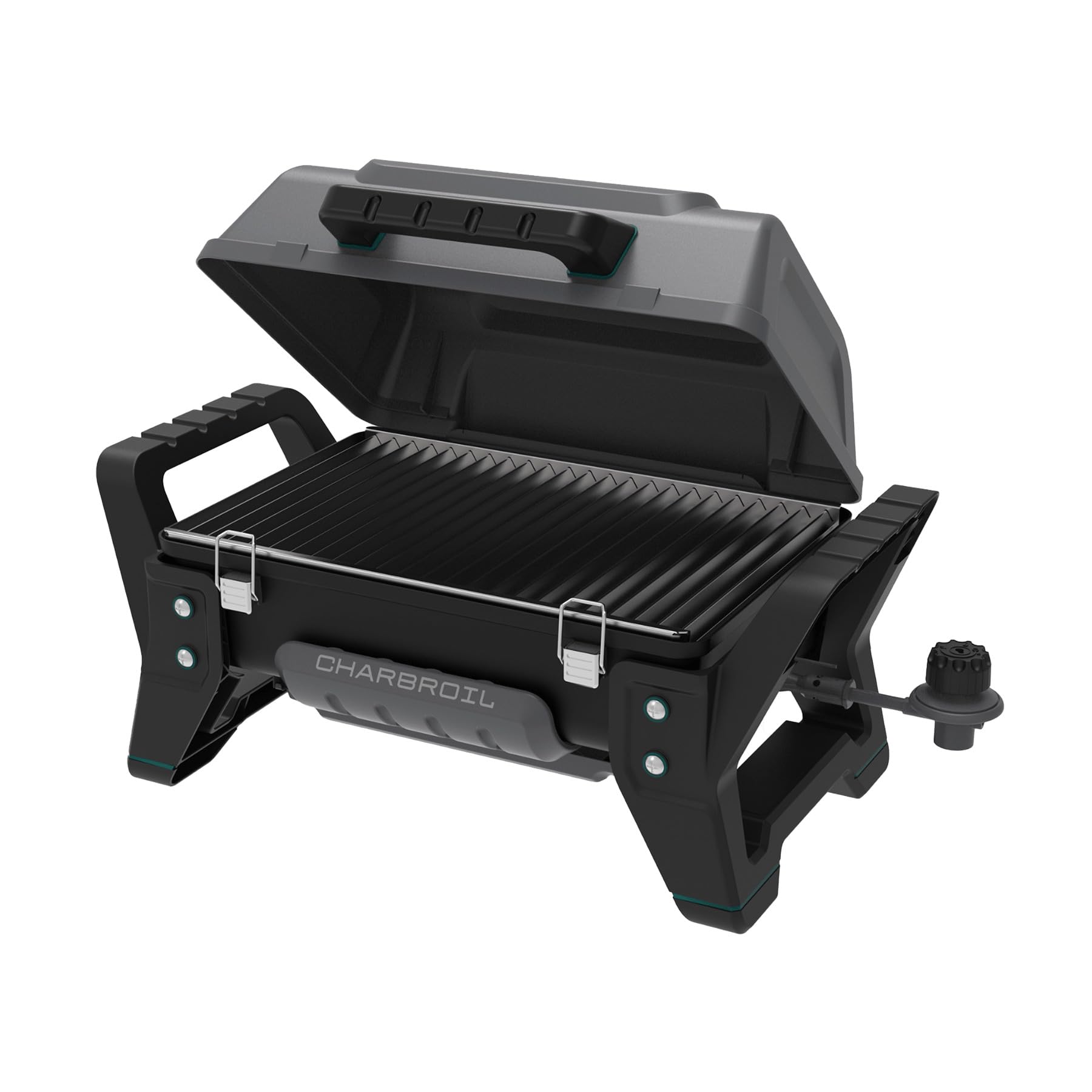 Charbroil Grill2Go X200 open with stainless grate visible, showcasing even cooking surface