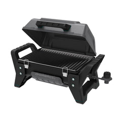 Charbroil Grill2Go X200 open with stainless grate visible, showcasing even cooking surface