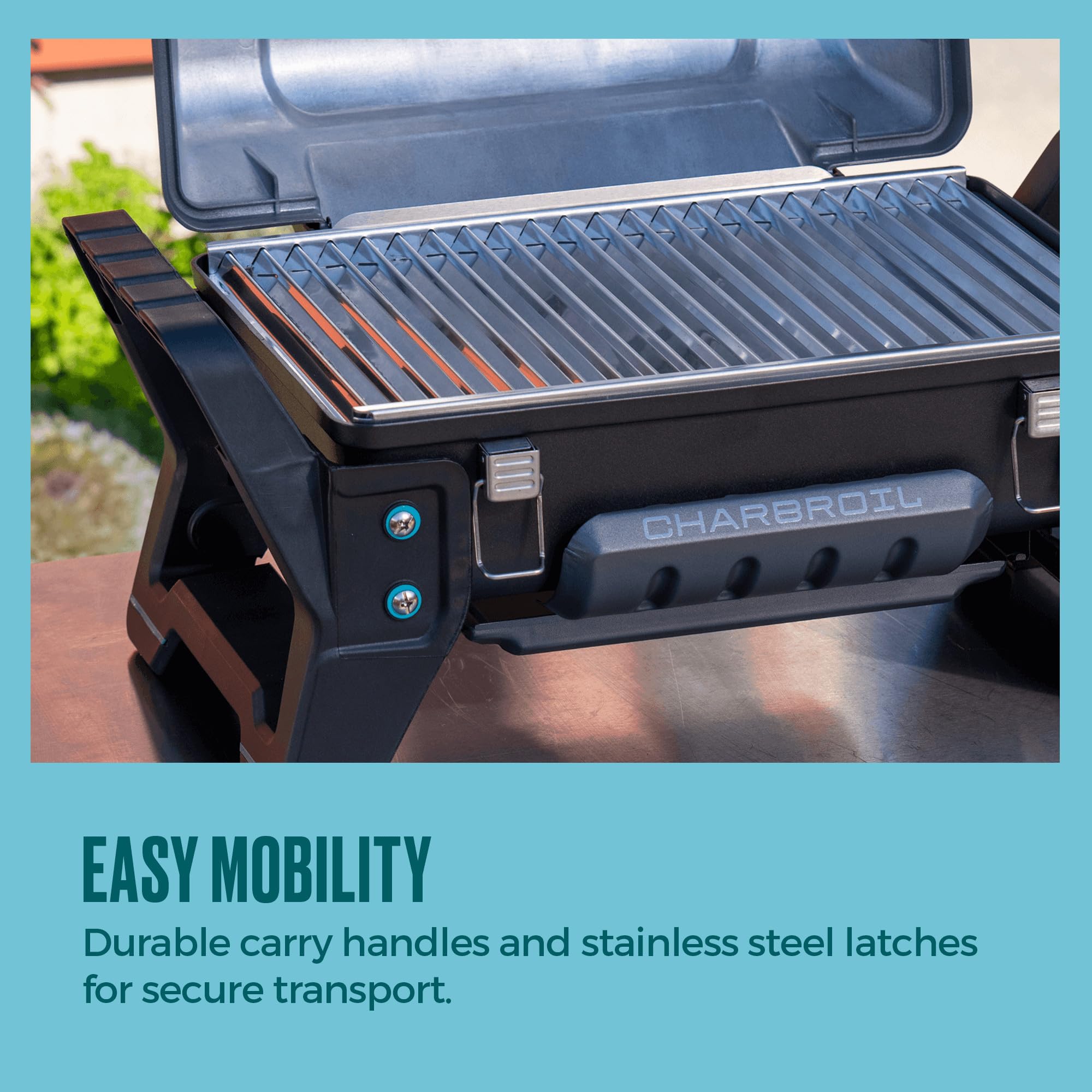 Charbroil Grill2Go X200 next to water bottle for scale, compact tabletop footprint