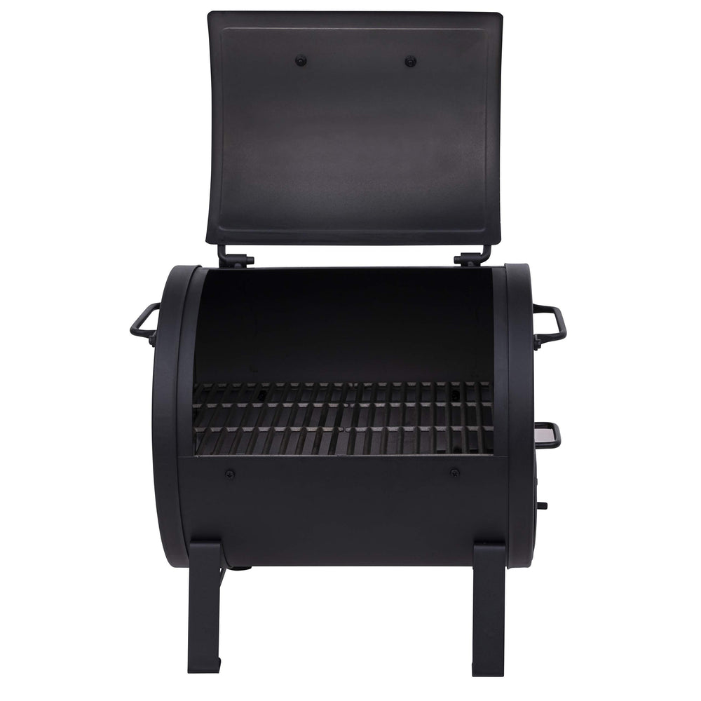 Charbroil mounted as offset firebox on barrel grill enabling indirect smoking