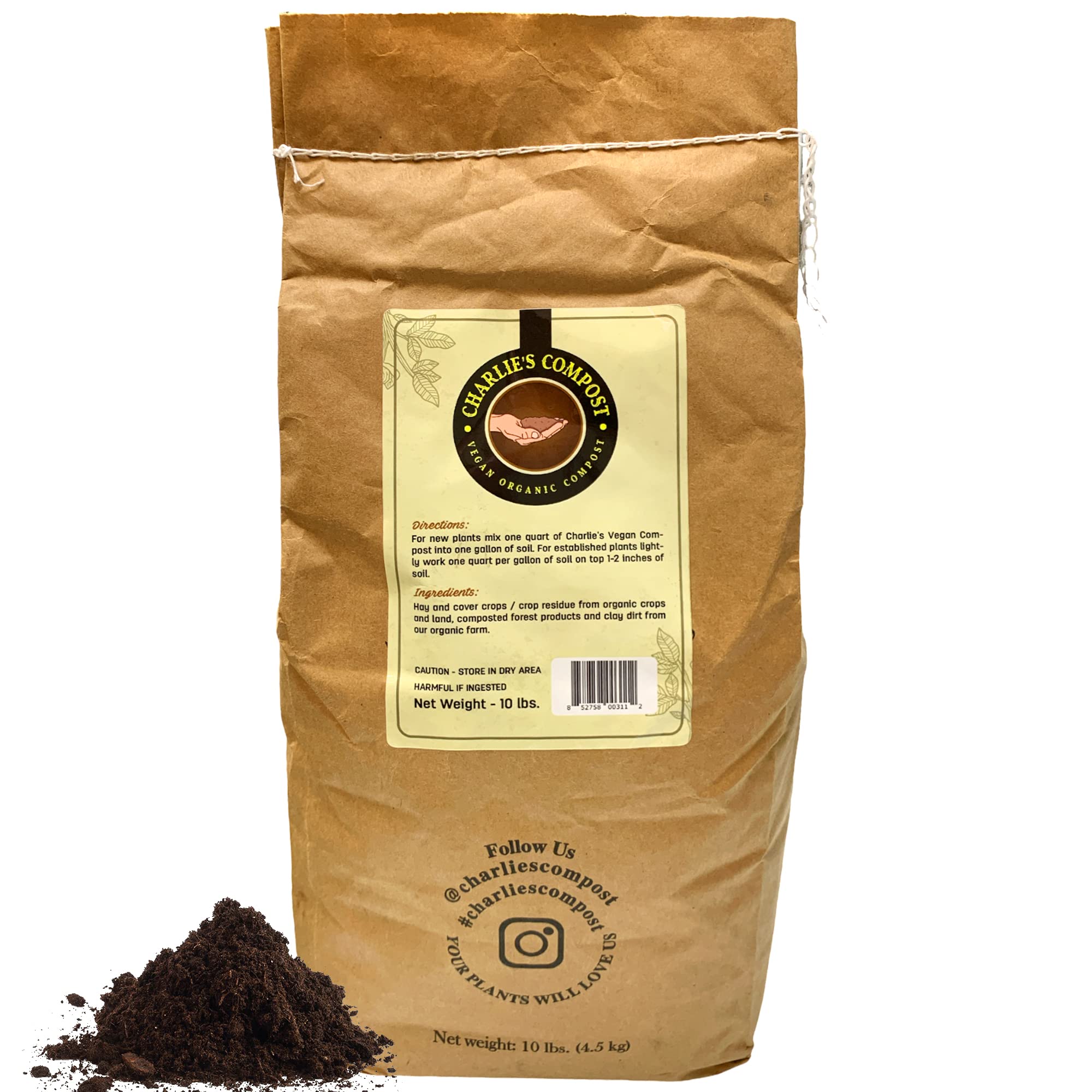 Charlie's Compost front packaging shows brand and 10 lb vegan compost benefit