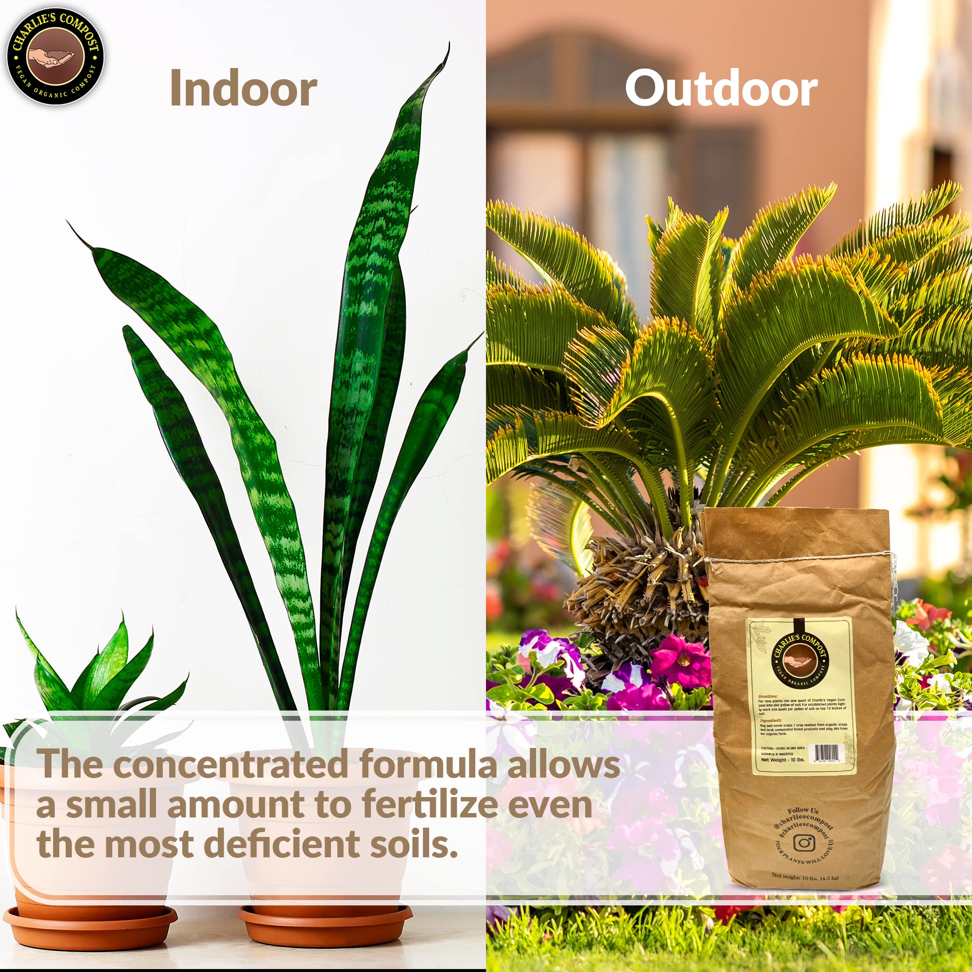 Charlie's Compost label listing plant-based ingredients for cruelty-free gardening benefit