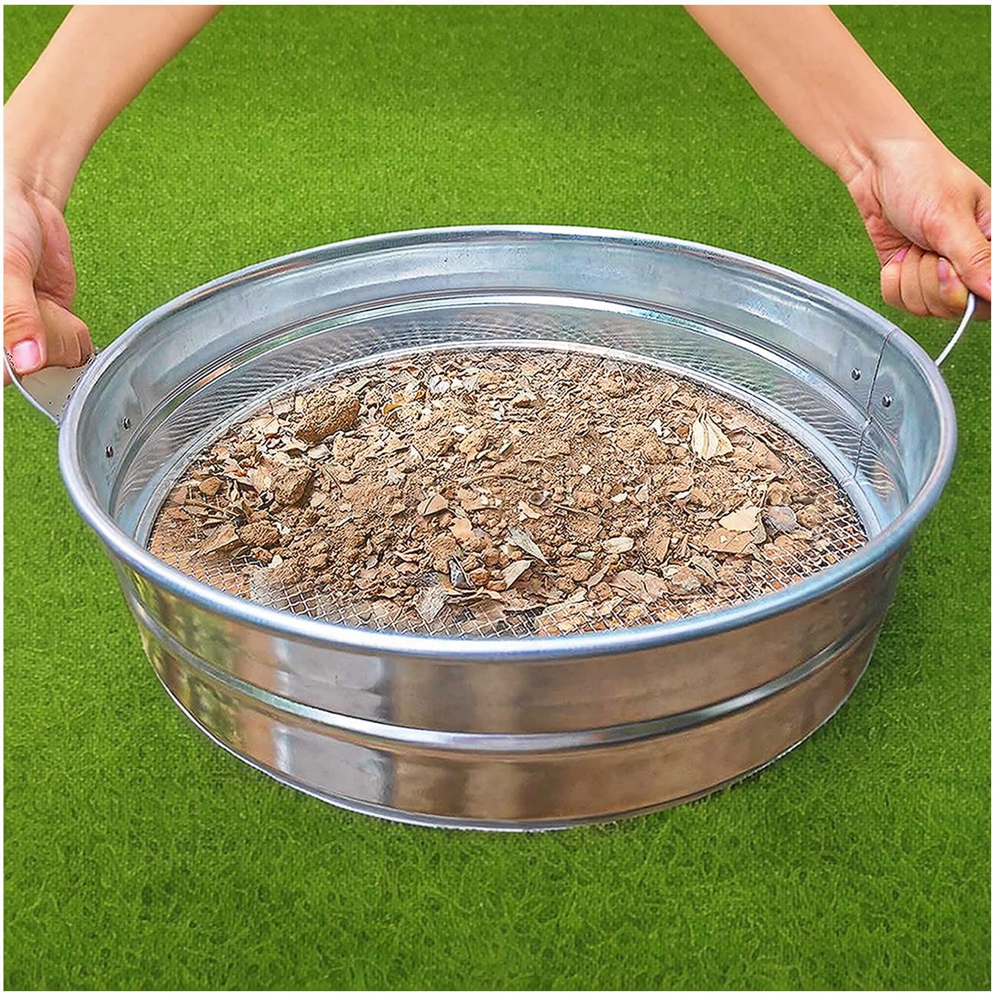 CHARMDECOR 19-inch front view showing full galvanized sieve and sturdy rim for efficient screening