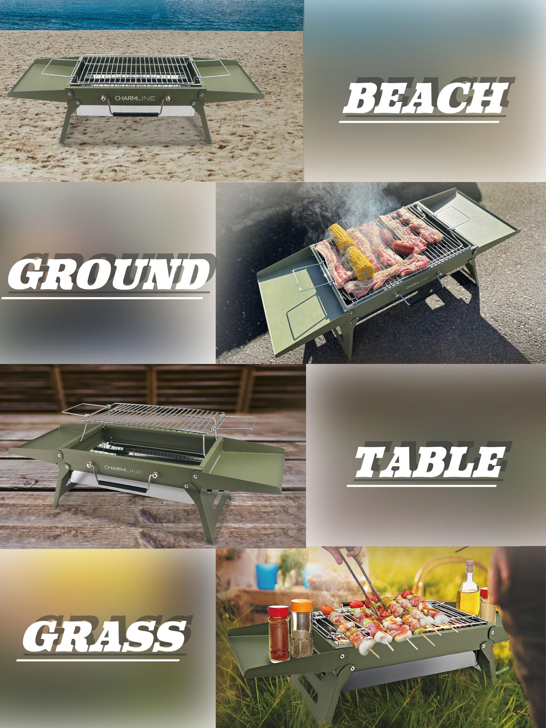 Charmline beach setup demonstrating stable cooking on sand and grass