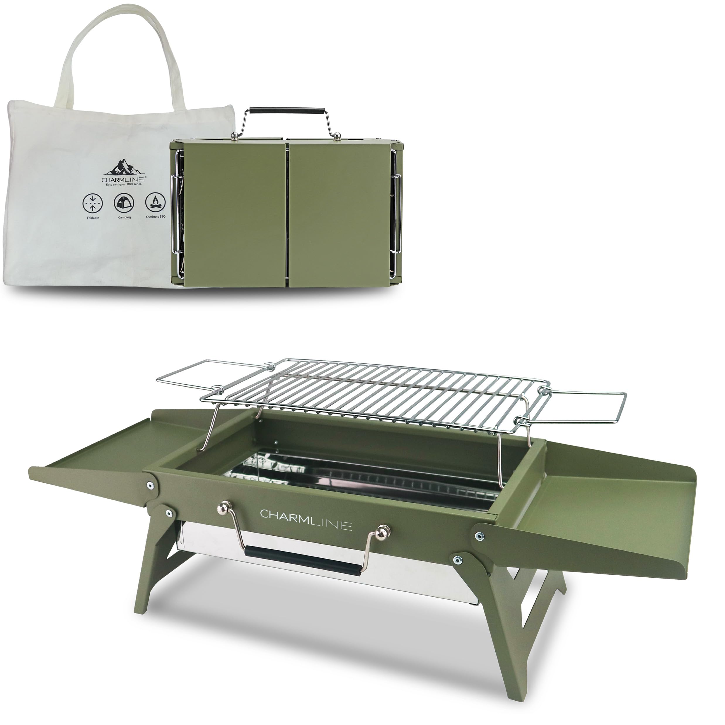 Charmline folded green grill front view showing compact travel size and convenience