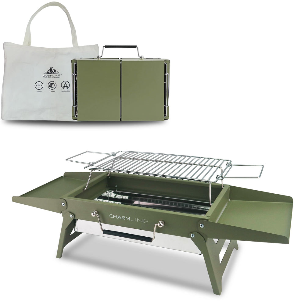 Charmline folded green grill front view showing compact travel size and convenience