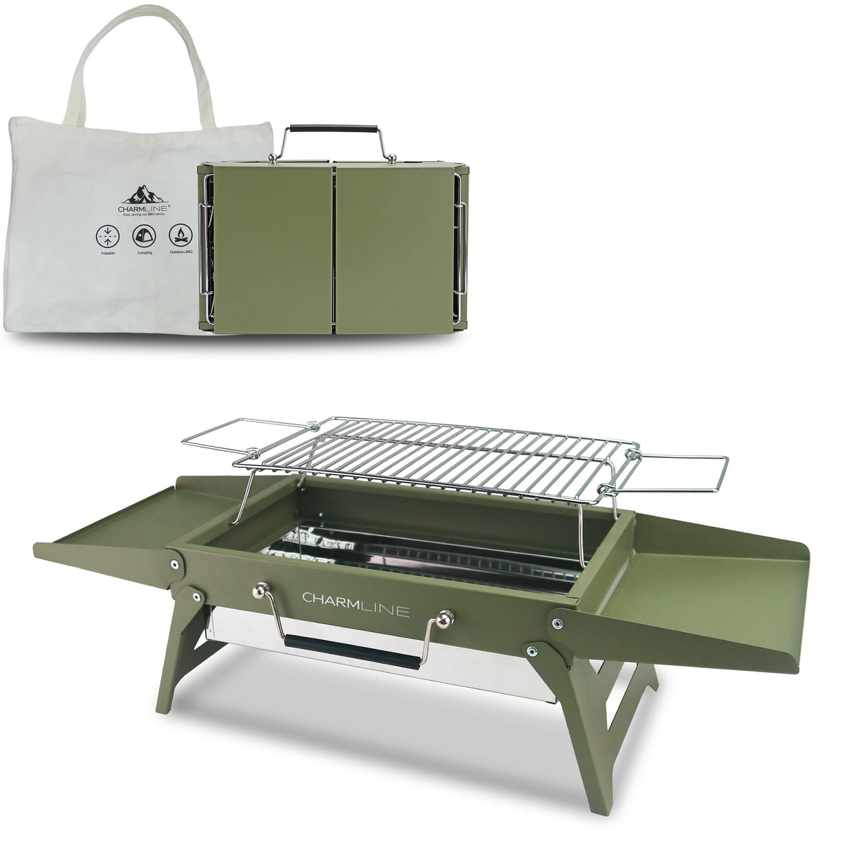 Charmline folded green grill front view showing compact travel size and convenience