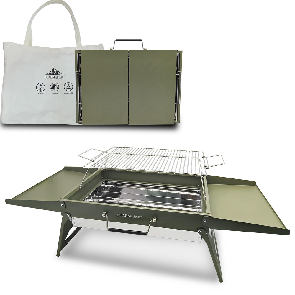 Charmline folded grill front view for compact transport and storage