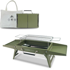 Charmline folded green grill front view showing compact travel size and convenience