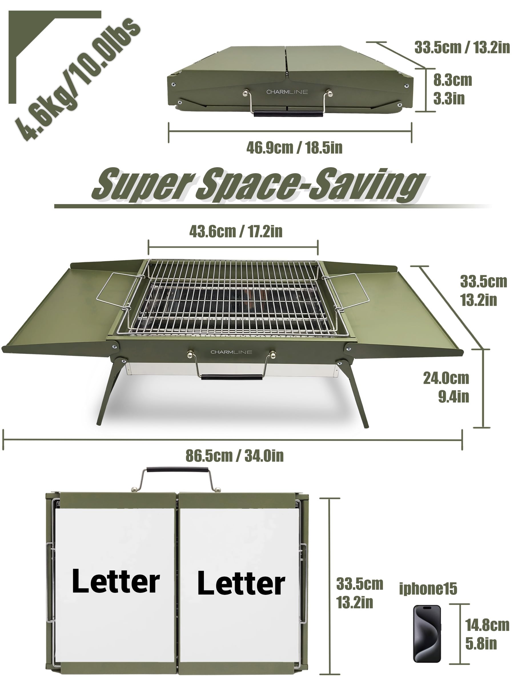 Charmline unfolded grill with food on grate showing cooking capacity