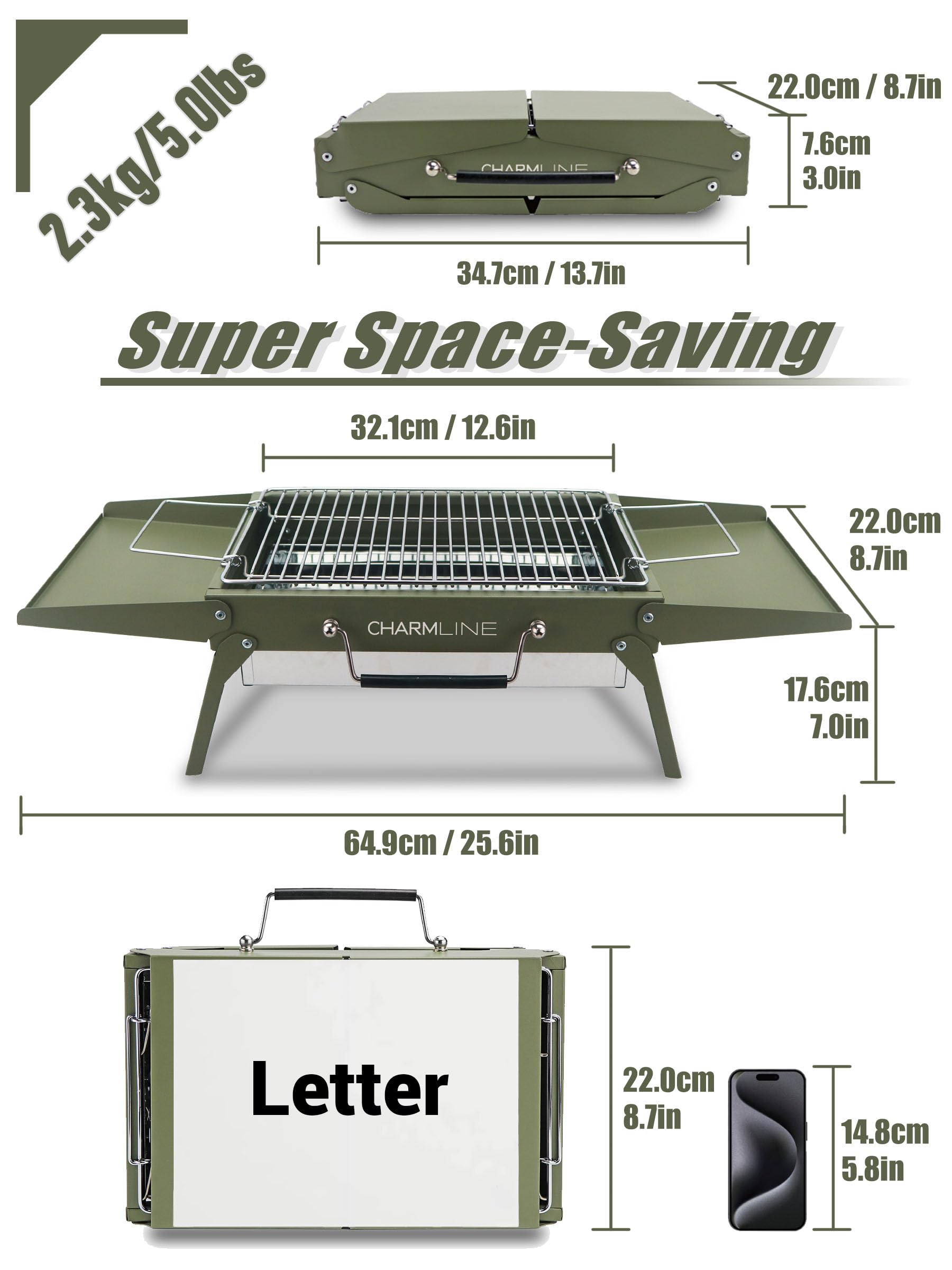 Charmline unfolded with cooking grate in place demonstrating ready-to-use tabletop grilling