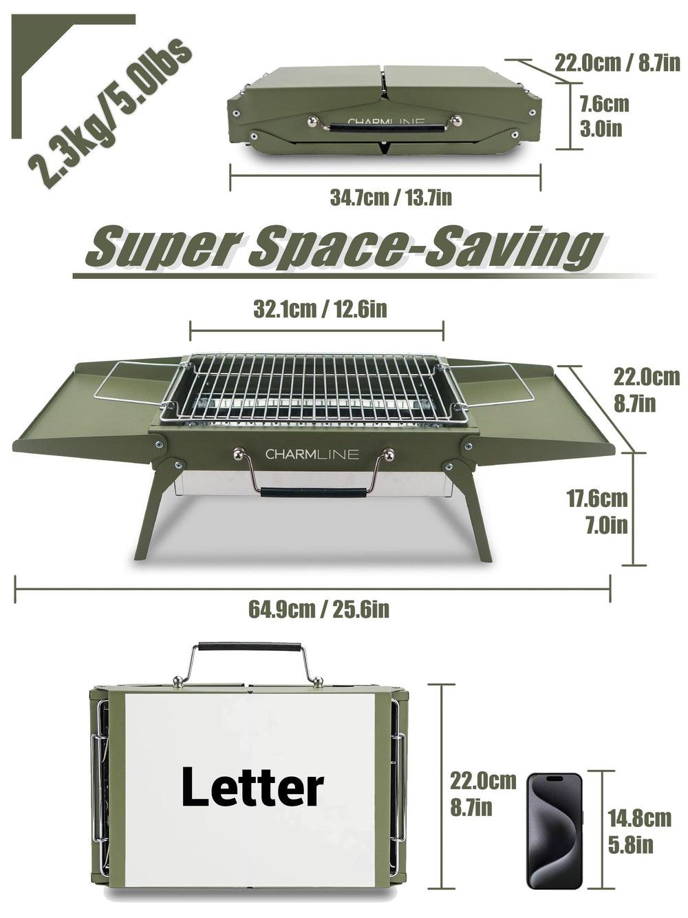 Charmline unfolded with cooking grate in place demonstrating ready-to-use tabletop grilling