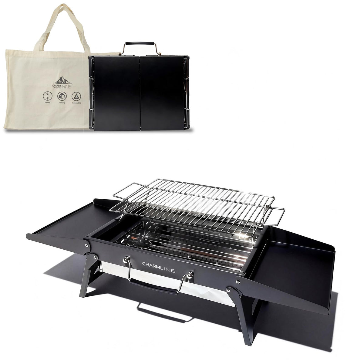 Charmline parrilla frontal plegada, transporte compacto y ahorro de espacio