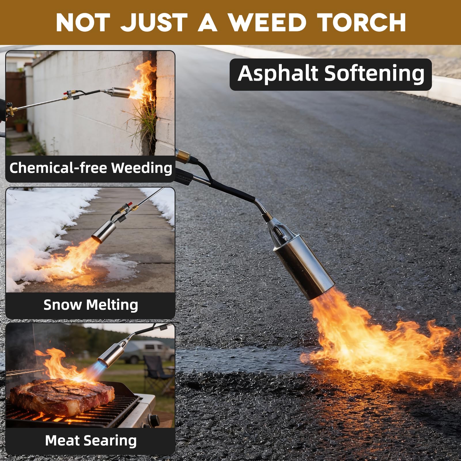 Charouse torch flame in action clearing weeds quickly and effectively