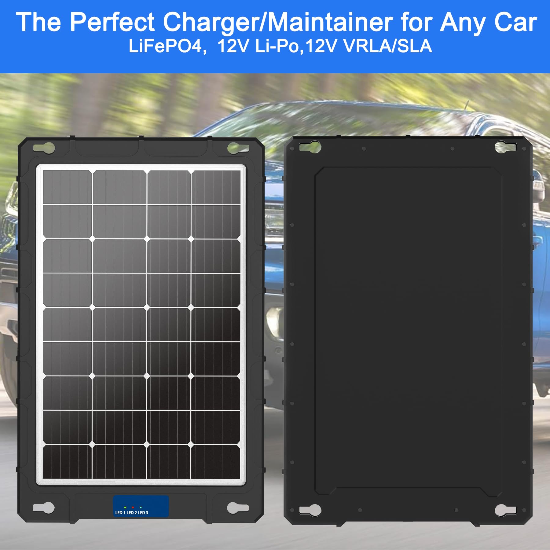 Chatbrid panel mounted on car roof during day, keeps vehicle battery topped safely