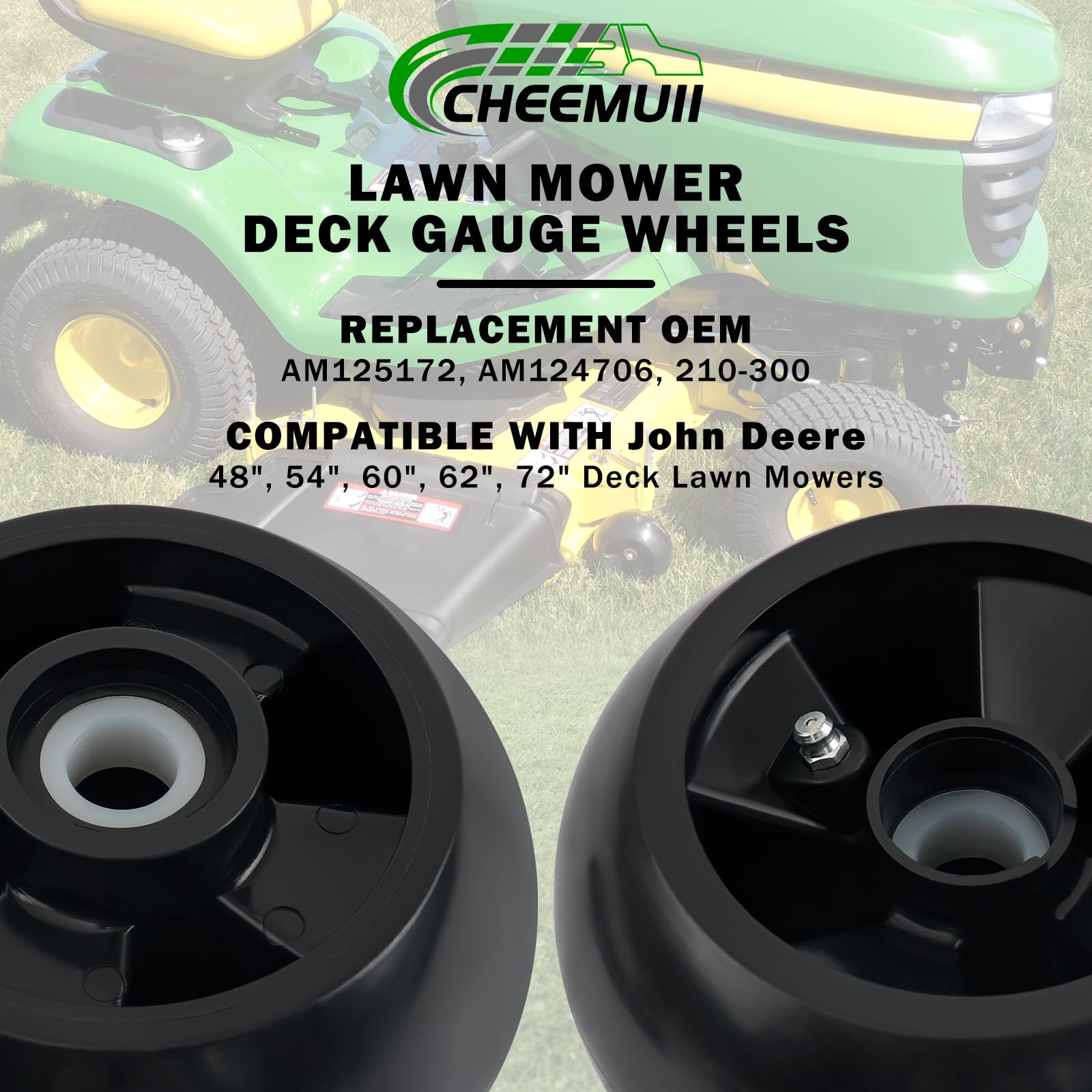 CheeMuii wheel installed on mower deck demonstrating stable cutting height control