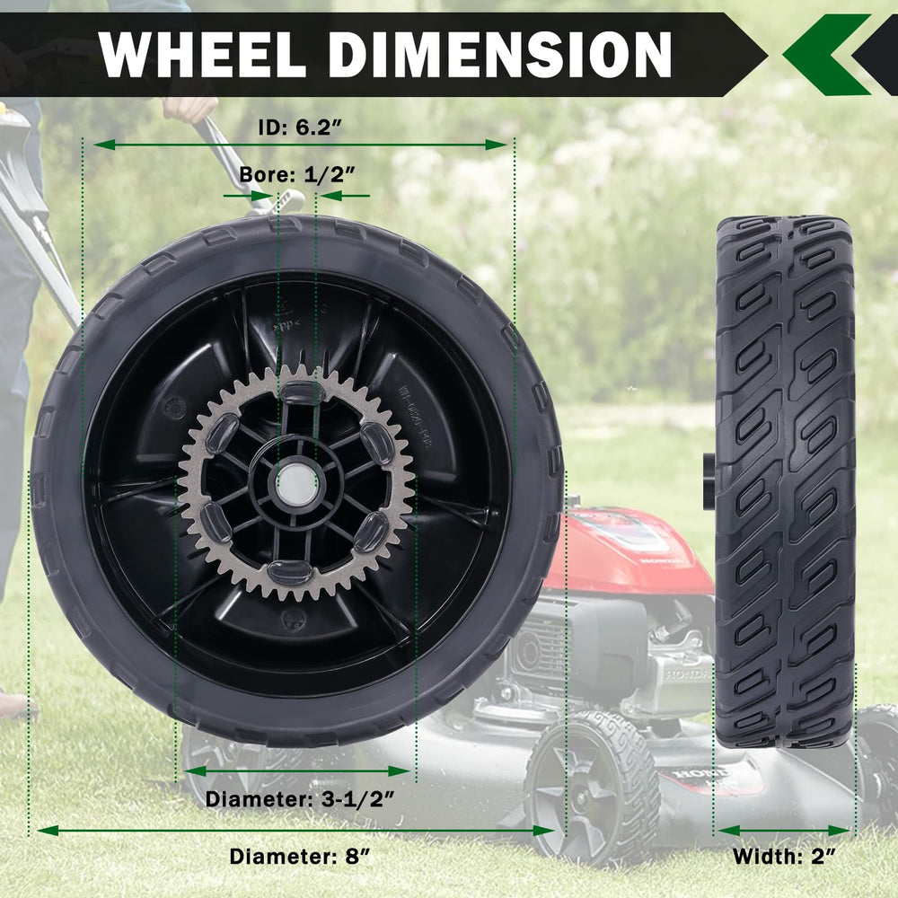 CheeMuii wheels installed on HRN216 rear view restoring traction and mower mobility