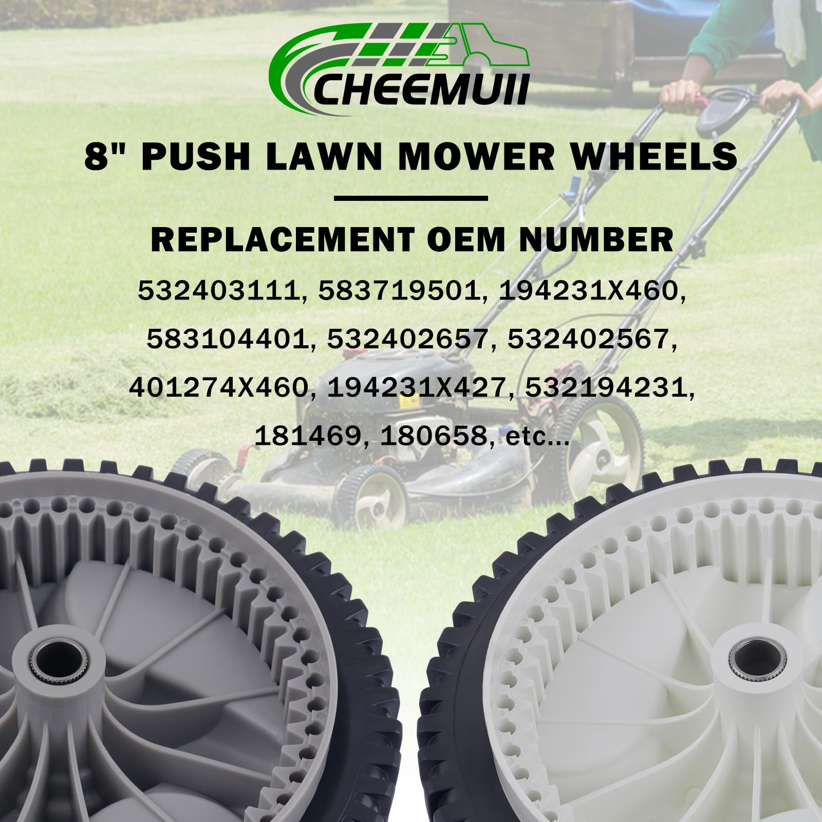 CheeMuii wheels fitted to lawn mower ready for yard use and reliability