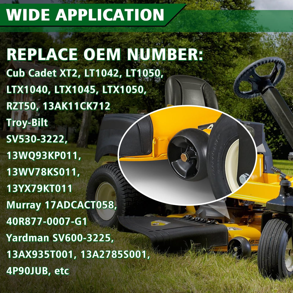 CheeMuii wheels on riding mower in yard, improves deck stability and finish
