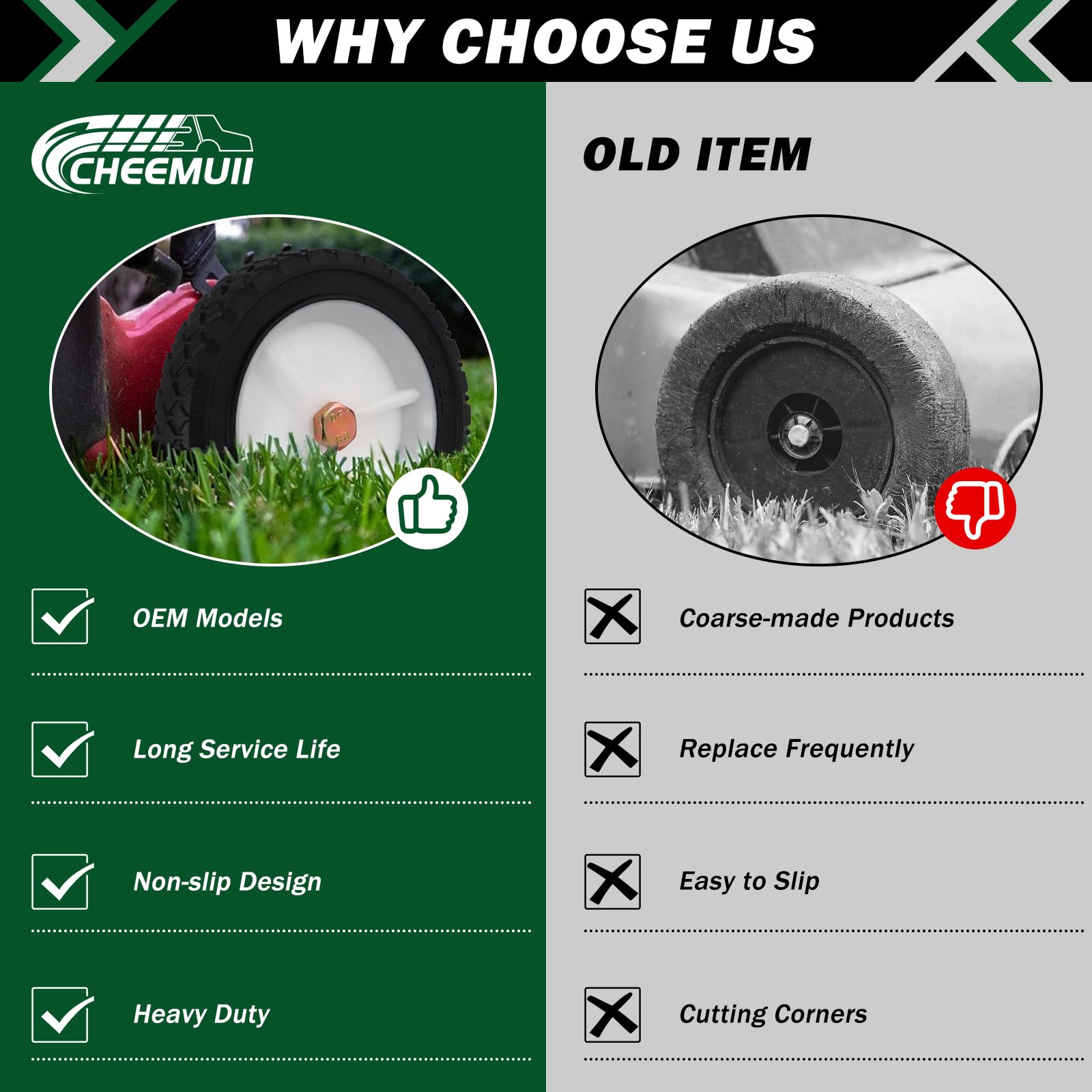 CheeMuii wheel installed on push mower illustrating easy replacement benefit