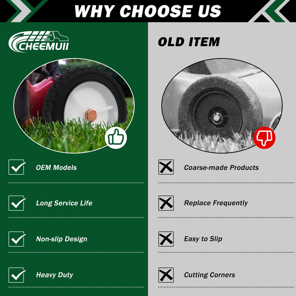 CheeMuii wheel installed on push mower illustrating easy replacement benefit