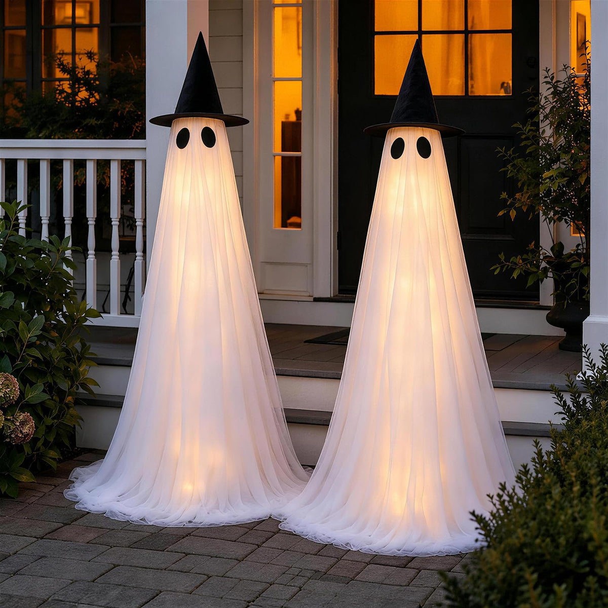 CheerBloom front view of two 5ft ghosts showing Halloween curb appeal