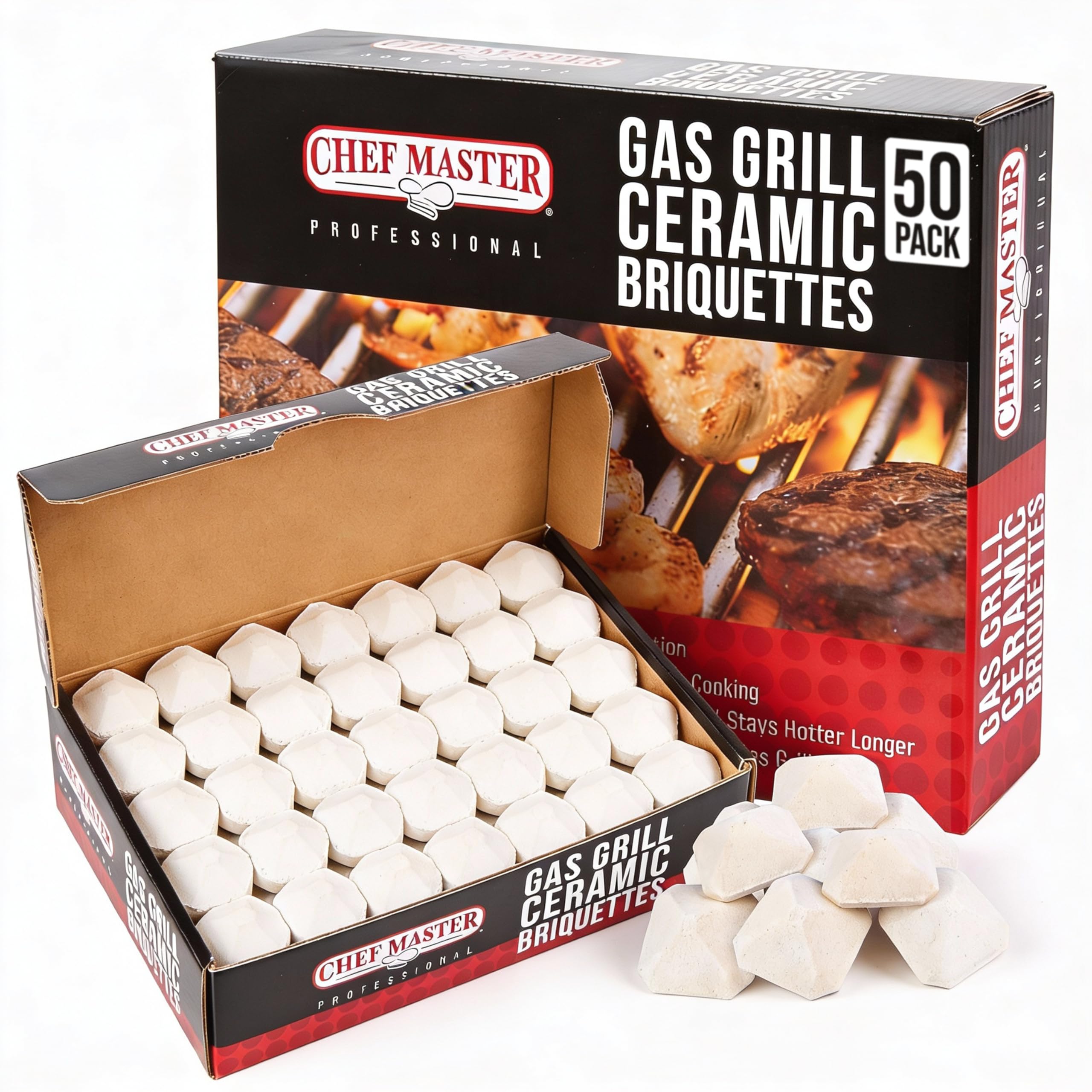 Chef Master front packaging showing 50-piece briquette set and benefits