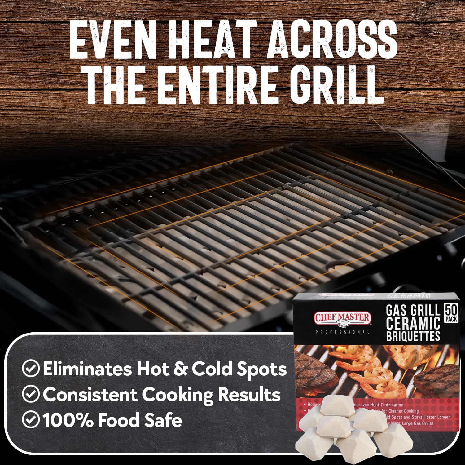 Chef Master briquettes installed in gas grill improving even heat